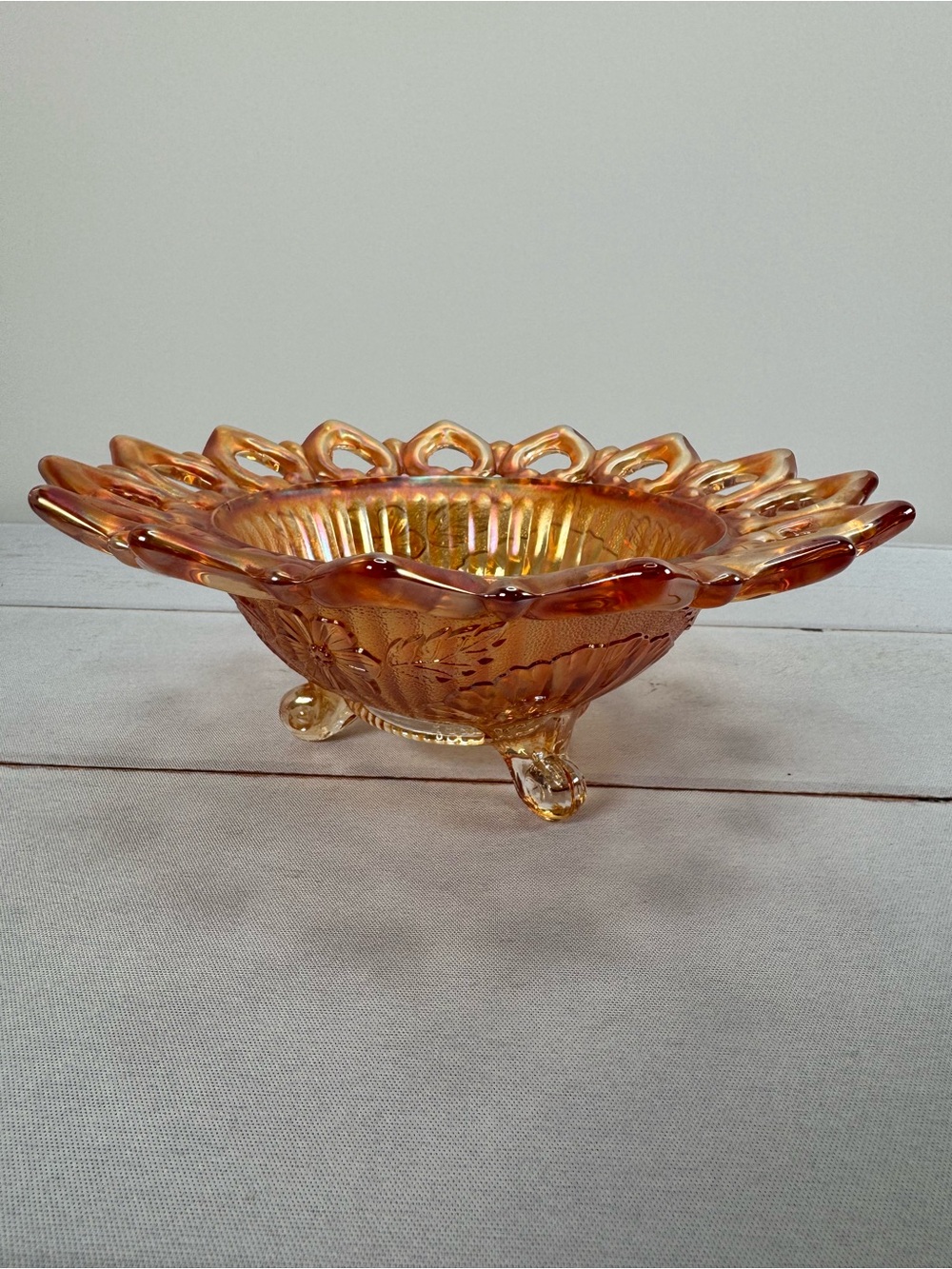 Vintage Jeannette Glass Lombardi Marigold Carnival Glass Footed Oval Bowl